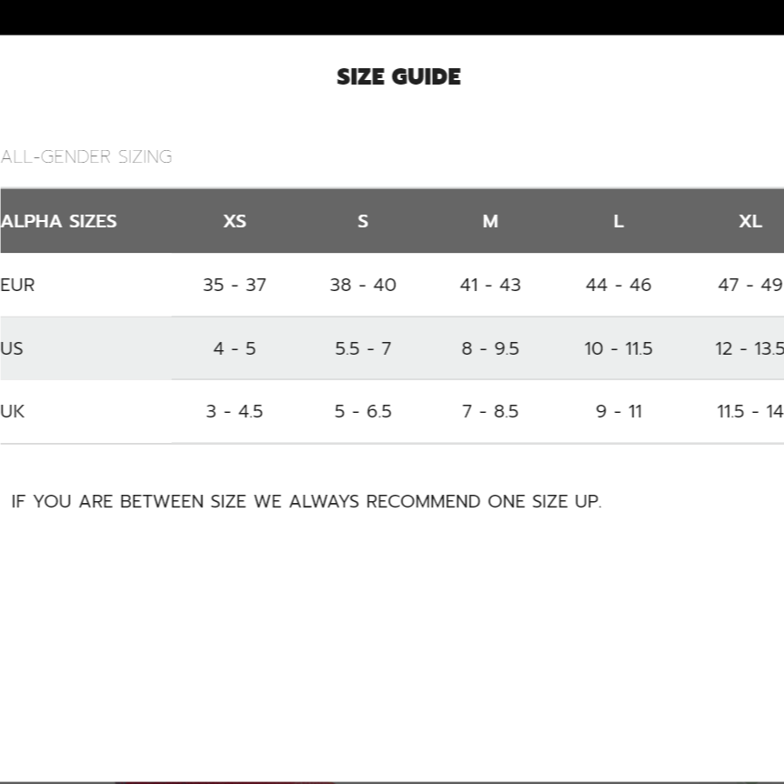 Size guide chart for clothing with alpha sizes, EUR, US, and UK measurements.
